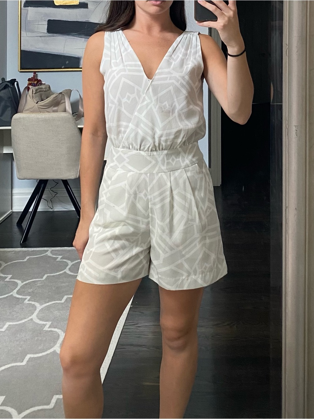 Armani Exchange Ivory Geometric Print Sleeveless Romper